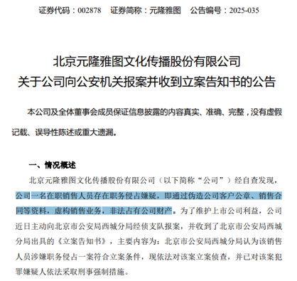 智选+ 元隆雅图（002878），向公安机关报案
